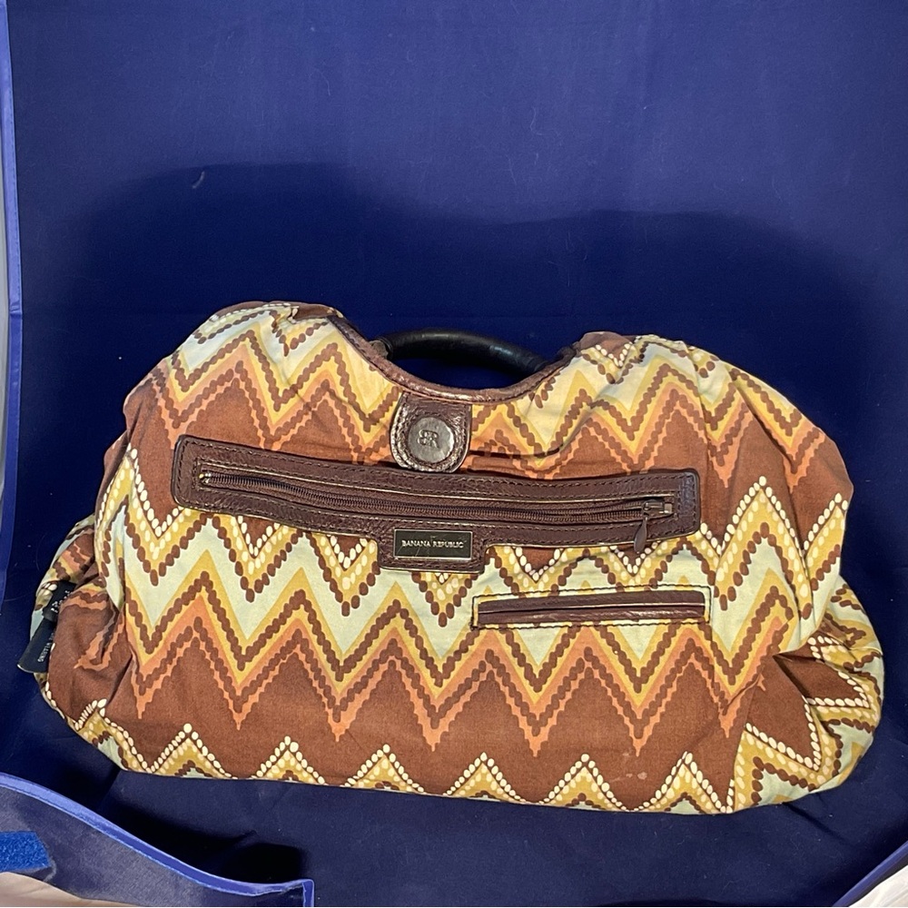 Banana Republic Woven Textile Safari Tote Bag Leather Handles Festival Boho - Picture 10 of 15